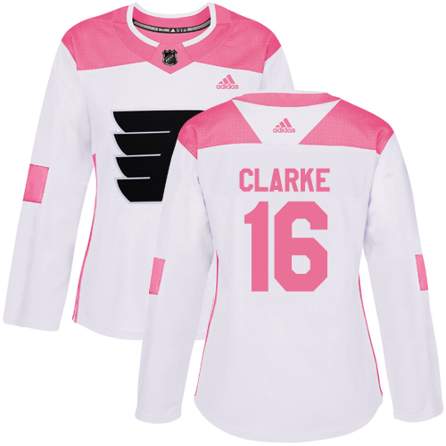 Adidas Flyers #16 Bobby Clarke White/Pink Authentic Fashion Women's Stitched NHL Jersey - Click Image to Close